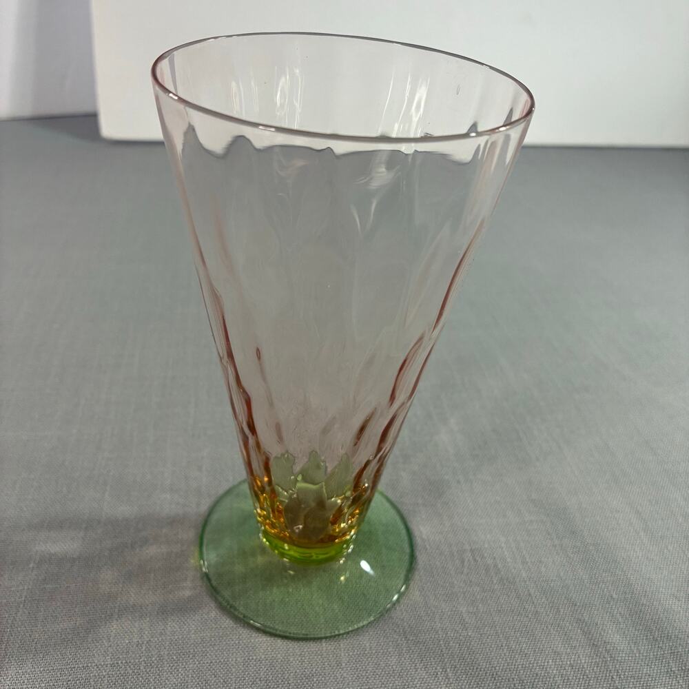 Vintage Pink Depression Glass Footed Tumbler Green Glass Base 6 Inch